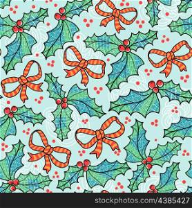 Christmas vector seamless pattern with bows and berries