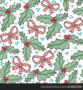 Christmas vector seamless pattern with bows and holly berries