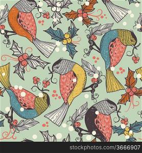 Christmas vector seamless pattern with colored birds