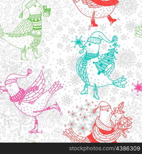 Christmas vector seamless pattern with colored birds