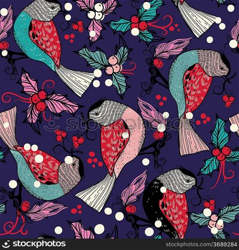 Christmas vector seamless pattern with colored birds and berries