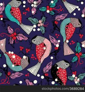 Christmas vector seamless pattern with colored birds and berries