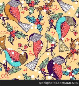 Christmas vector seamless pattern with colored birds and holly berries