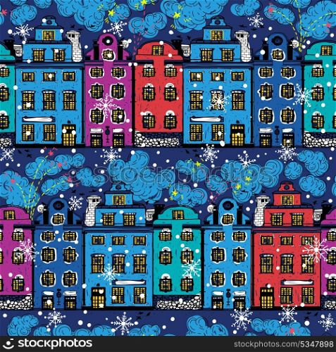 Christmas vector seamless pattern with colored houses and fireworks