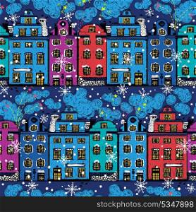 Christmas vector seamless pattern with colored houses and fireworks