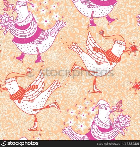 Christmas vector seamless pattern with cute birds