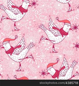 Christmas vector seamless pattern with cute skating birds