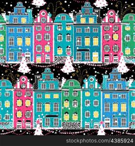 Christmas vector seamless pattern with decorated houses and fireworks