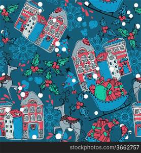Christmas vector seamless pattern with deers and houses