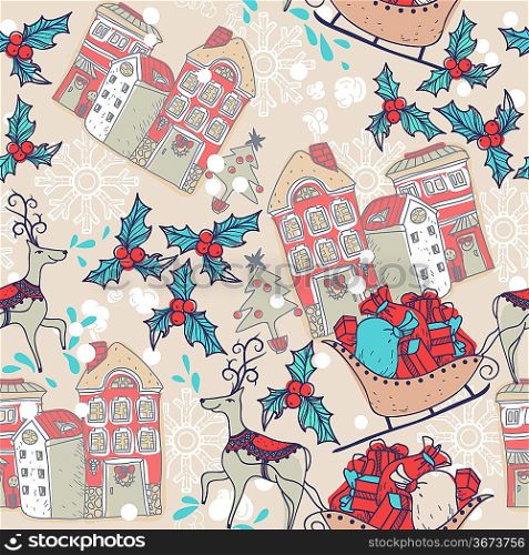 Christmas vector seamless pattern with deers , holly and decorated houses