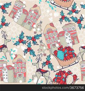 Christmas vector seamless pattern with deers , holly and decorated houses