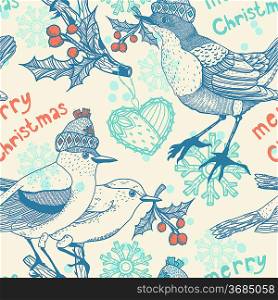 Christmas vector seamless pattern with fantasy birds