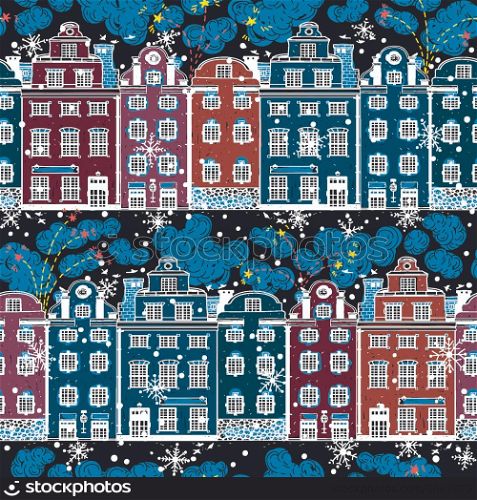 Christmas vector seamless pattern with fireworks and old houses