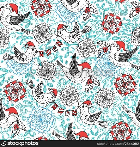 Christmas vector seamless pattern with flying birds and Christmas decorations