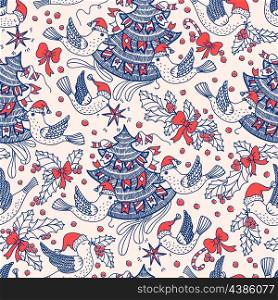 Christmas vector seamless pattern with flying birds and Christmas tree