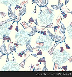 Christmas vector seamless pattern with flying funny birds