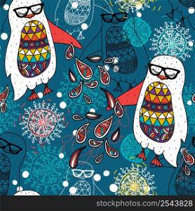 Christmas vector seamless pattern with funny penguins and snowflakes