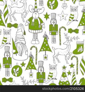 Christmas vector seamless pattern with hand drawn elements. Christmas set. Vector sketch illustration.