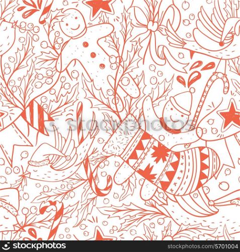 Christmas vector seamless pattern with hand drawn holiday items