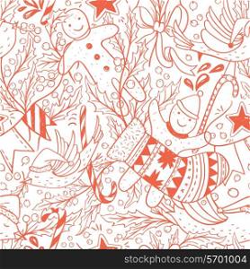 Christmas vector seamless pattern with hand drawn holiday items