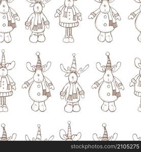 Christmas vector seamless pattern with hand drawn moose. Christmas set. Vector sketch illustration.