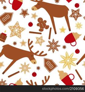 Christmas vector seamless pattern with moose and gingerbread cookies.. Christmas background