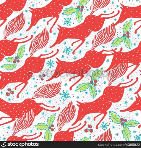 Christmas vector seamless pattern with running foxes