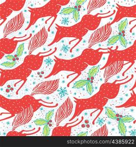 Christmas vector seamless pattern with running foxes