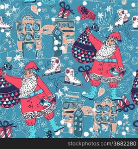 Christmas vector seamless pattern with Santa and abstract houses