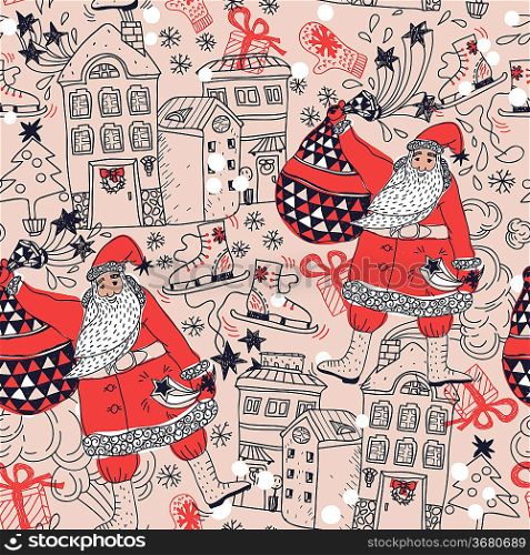 Christmas vector seamless pattern with Santa and decorated houses