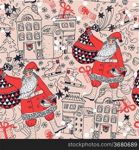 Christmas vector seamless pattern with Santa and decorated houses