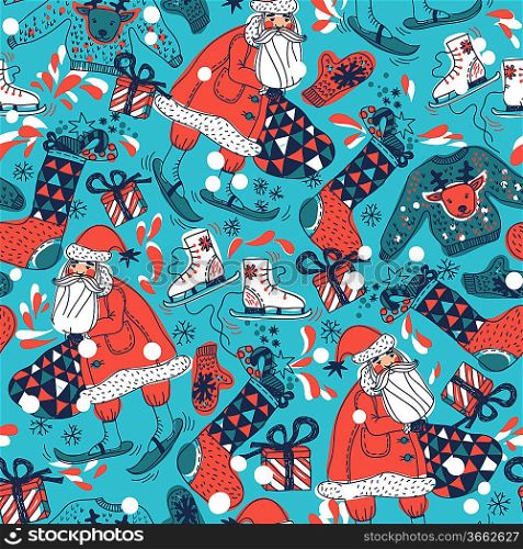 Christmas vector seamless pattern with Santa and gifts