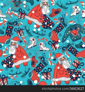 Christmas vector seamless pattern with Santa and gifts