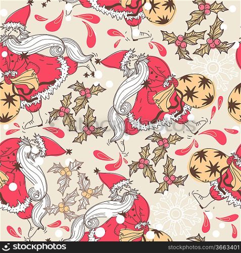 Christmas vector seamless pattern with Santa and holly berries