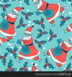 Christmas vector seamless pattern with Santa and holly berry