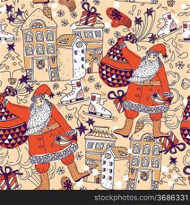 Christmas vector seamless pattern with Santa, gifts and decorated houses
