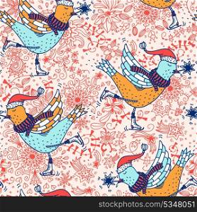 Christmas vector seamless pattern with skating birds