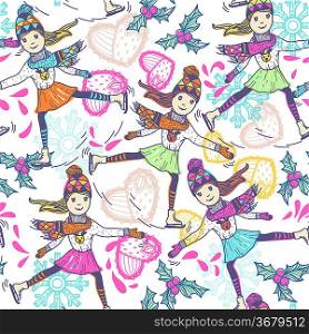 Christmas vector seamless pattern with skating girls