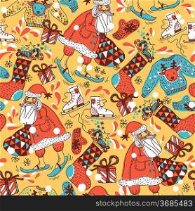 Christmas vector seamless pattern with skiing Santa and colored gifts