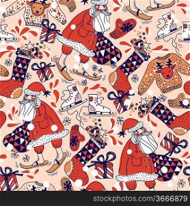 Christmas vector seamless pattern with skiing Santa and gifts