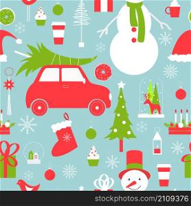 Christmas vector seamless pattern with snowman, car and Christmas tree.. Christmas vector pattern