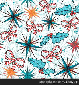 Christmas vector seamless pattern with stars and bows