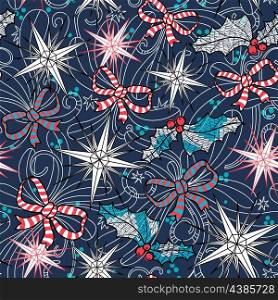 Christmas vector seamless pattern with stars and bows