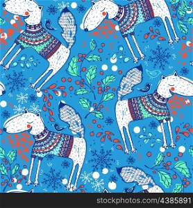 Christmas vector seamless pattern with swiling dogs and holly berries