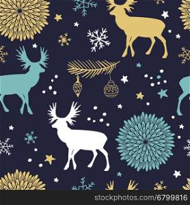 Christmas vector seamless pattern with trees, deers , flowers and snowflakes. Winter background for cards, scrapbooking, paper, kids clothing.