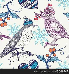 Christmas vector seamless pattern with vintage birds