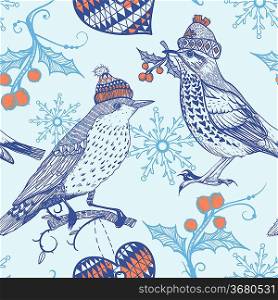 Christmas vector seamless pattern with vintage birds