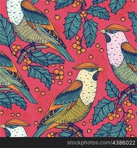 Christmas vector seamless pattern with waxwings and holly berries