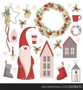 Christmas vector set with Santa Claus on white background. . Christmas vector set.