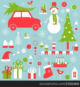 Christmas vector set with snowman, cars and Christmas tree.. Christmas vector set